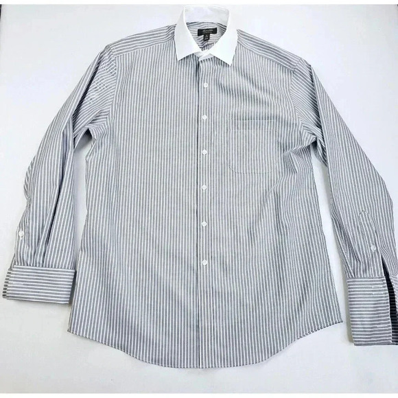 Tasso Elba Regular Non Iron Large 16 34-35 Gray White Collar Stripe French Cuff - Picture 5 of 12